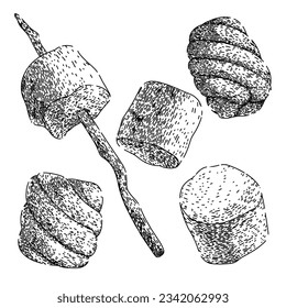 marshmallow candy set hand drawn. sweet s, food holiday, shape sugar marshmallow candy vector sketch. isolated black illustration