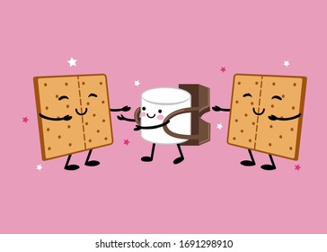 
 Marshmallow Cartoon Character With A Chocolate Backpack And Graham Crackers.
S’more Vector Illustration.Isolated Objects On A Pink Background.