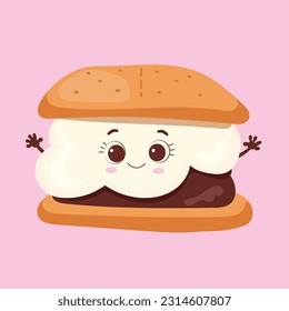 Marshmallow Cartoon Character with a chocolate backpack and Graham Crackers. S’more vector illustration.Isolated objects on a pink background. Vector illustration for any design