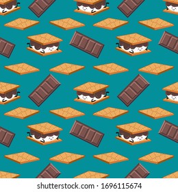 

 Marshmallow cartoon character, chocolate bars and graham crackers. Vector seamless pattern with s’mores on a dark turquoise background.