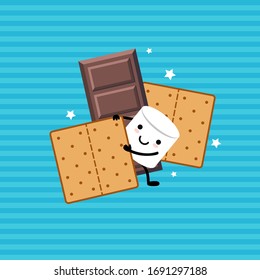 
 Marshmallow Cartoon Character , chocolate  and Graham Crackers.
S’more vector illustration. Isolated objects on a striped background.
