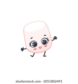 Marshmallow cartoon character with cute smiling baby face, vector illustration isolated on white background. Marshmallow children dessert piece with kawaii face.