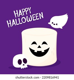 Marshmallow cartoon. marshmallow character design. Marshmallow in a with cute pumpkin face.  Halloween dessert. Halloween party.