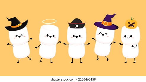 Caricatura de malvavisco. diseño de caracteres malvavisco. Marshmallow en un sombrero de fiesta de halloween. Postre de Halloween. Fiesta de Halloween.