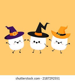 Caricatura de malvavisco. diseño de caracteres malvavisco. Marshmallow en un sombrero de fiesta de halloween. Postre de Halloween. Fiesta de Halloween.