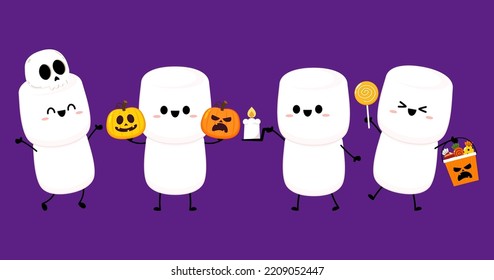 Marshmallow cartoon. marshmallow character design. Marshmallow in a halloween. halloween elements. Halloween party.