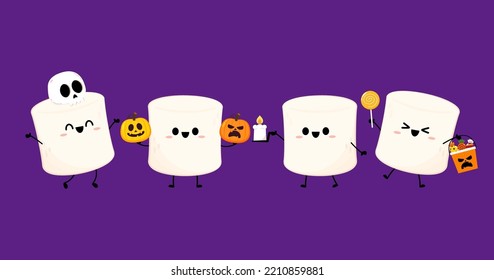 Marshmallow cartoon. marshmallow character design. Marshmallow in a halloween. halloween elements. Halloween party.