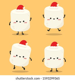 Marshmallow cartoon. marshmallow character design. Merry Christmas day. Marshmallow wearing a Santa hat