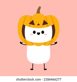 Marshmallow cartoon. marshmallow character design. Marshmallow in a Pumpkin hat. Halloween dessert. Halloween party.