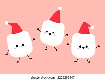 Marshmallow cartoon. marshmallow character design. Marshmallow with a Santa claus hat.