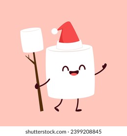 Marshmallow cartoon. marshmallow character design. Marshmallow with a Santa claus hat.