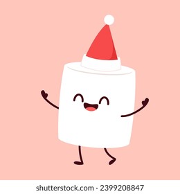 Marshmallow cartoon. marshmallow character design. Marshmallow with a Santa claus hat.