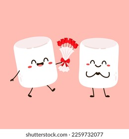 Marshmallow cartoon. marshmallow character design. Marshmallow in valentine's day. Rose flower in Valantine's day.