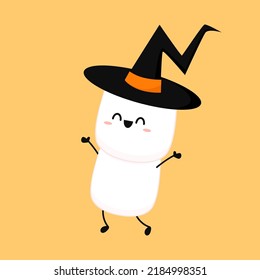 Marshmallow cartoon. marshmallow character design. Marshmallow in a witch hat. Halloween dessert. Halloween party.