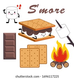 
 Marshmallow Cartoon Character,campfire, Chocolate Bar And Graham Crackers.
  Set Of Isolated Design Elements With S’more. Vector Illustration.