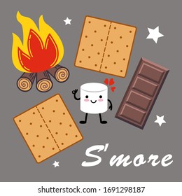 
 Marshmallow Cartoon Character,campfire, Chocolate And Graham Crackers.
S’more Vector Illustration. Set Of Isolated Design Elements.