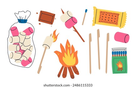 Marshmallow cartoon illustration, campfire, chocolate bar and graham crackers. Set of isolated design elements with s’more. Vector illustration.