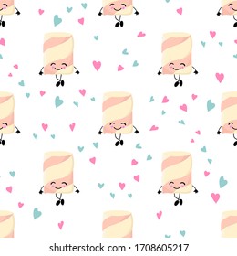 Marshmallow character. Cute cartoon marshmallows. Vector illustration . Seamless pattern..