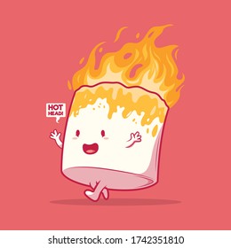 Marshmallow Character on fire vector illustration. Camping, travel, outdoors, food design concept