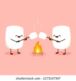 Marshmallow character. Marshmallow piece on skewer roasting on forest bonfire. bonfire vector. Marshmallow cartoon vector. 