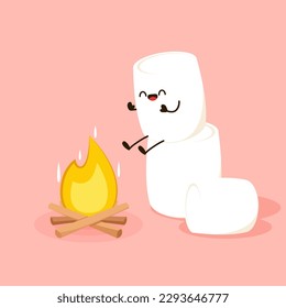 Marshmallow character. Marshmallow piece on skewer roasting on forest bonfire. bonfire vector. Marshmallow cartoon vector. 
