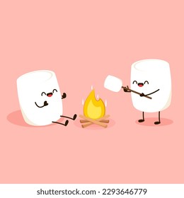 Marshmallow character. Marshmallow piece on skewer roasting on forest bonfire. bonfire vector. Marshmallow cartoon vector. 