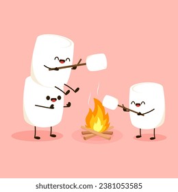 Marshmallow character. Marshmallow piece on skewer roasting on forest bonfire. bonfire vector. Marshmallow cartoon vector. 