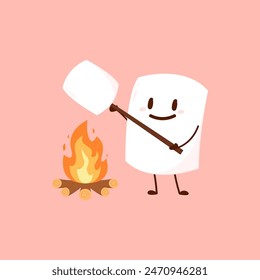 Marshmallow character. Marshmallow piece on skewer roasting on forest bonfire. bonfire vector. Marshmallow cartoon vector. 