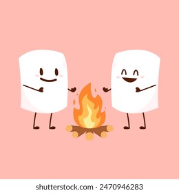 Marshmallow character. Marshmallow piece on skewer roasting on forest bonfire. bonfire vector. Marshmallow cartoon vector. 