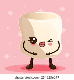 Marshmallow character winks and laughs. Cute vector illustration in kawaii style.