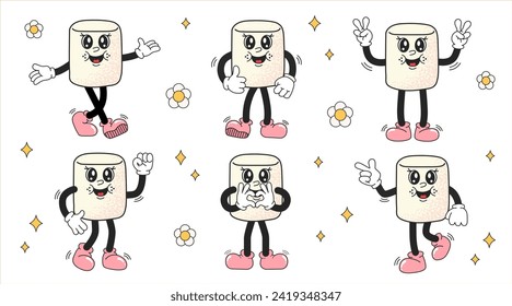 Marshmallow-Figuren im trendigen Retro-Cartoon-Stil. Set von marshmallow Zeichen im groovy Retro-Stil. Hübsches Vektormaskott. Vektorgrafik einzeln auf weißem Hintergrund. Hippie-Zeichen aus den 1970er Jahren.