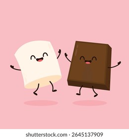 Desenho de Marshmallow e chocolate. Vetor de desenhos animados de sobremesa. Bonito Marshmallow e mascote de chocolate.