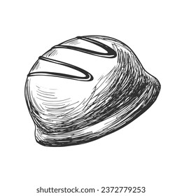 Marshmallow in chocolate. Sketch style chocolate candy isolated on white background. Engraving style black and white linear dessert. Truffle candy drawing with hatching