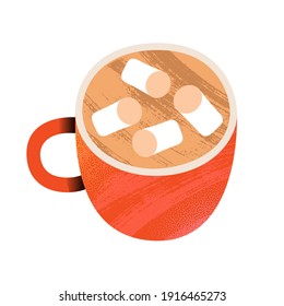 Café o taza de cacao malvavisco. Arte de color dibujado a mano. taza roja con café caliente. Ilustración vectorial aislada sobre fondo blanco con efecto texturizado