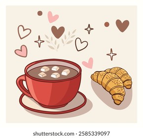 marshmallow in coffee cup or hot chocolate croissants Tasty breakfast of cup of cacao with marshmallow and croissant. Vector hand drawn black on white background. Can be used as print, card, menu.