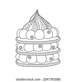 Marshmallow and cream cake. Decorative element with a doodle pattern on a white background. Black contour drawing. Coloring book for children and adults