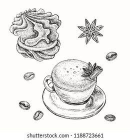 Marshmallow, cup of coffee and star anise, hand drawn doodle, drawing, sketch, black and white vector outline illustration