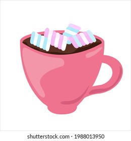 Malvavisco en taza de chocolate caliente. Bebida de cacao con caramelos aislados de fondo blanco. Ilustración vectorial.