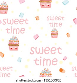 Marshmallow cupcakes pattern. Seamless. Muffin with colored cream decorated with colored marshmallows. Vector