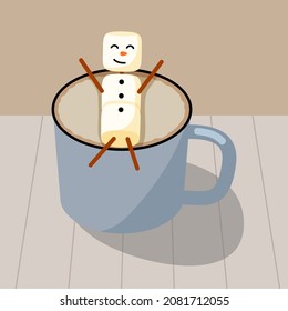 Marshmallow Cute Character Of Snowman In Cup. Design For Greeting Card, Banner, Poster. Vector Colorful Illustration.