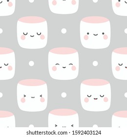 Marshmallow cute face character seamless pattern, vector illustration background