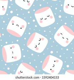 Marshmallow cute face character seamless pattern, vector illustration background