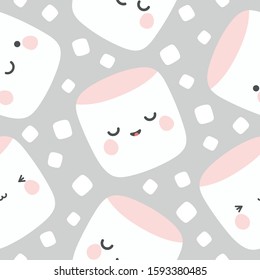 Marshmallow cute face character seamless pattern, vector illustration background