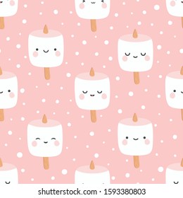 Marshmallow cute face character seamless pattern, vector illustration background