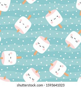 Marshmallow cute face character seamless pattern, vector illustration background