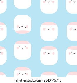 Marshmallow cute face character seamless vector pattern, baby blue background illustrations