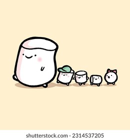 Marshmallow cute vector illustration.  Kawaii characters for print, sticker, badge and postcard. Parent with kids.