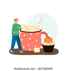 Marshmallow drink and cupcake with small pumpkin on a top. Autumn season hot drink concept vector illustration. Marshmallow sweet.