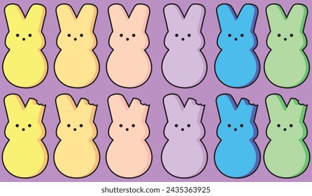 Conejitos de Pascua de malvavisco. Conejito De Caramelo Con Mordedura. Amarillo pastel, naranja, rosa, púrpura, azul, verde. Vector de clip. 