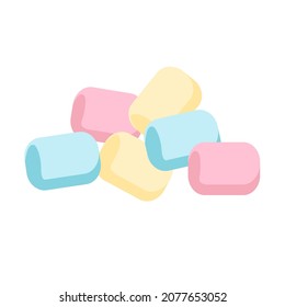 Marshmallow. A few colorful marshmallows to add to cocoa or roast over the fire.  Icon for website, app about leisure, travel, food, kids treats. Vector flat illustration, cartoon style.